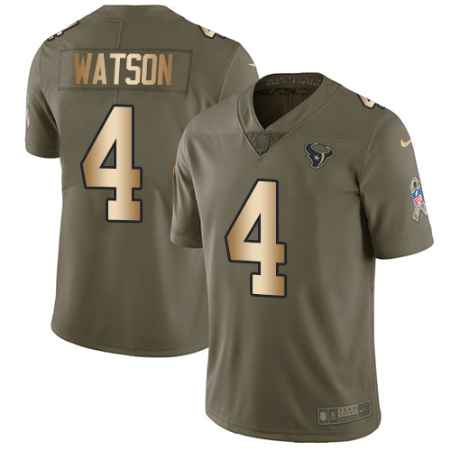 Nike Texans #4 Deshaun Watson Olive/Gold Men's Stitched NFL Limited Salute To Service Jersey - Click Image to Close